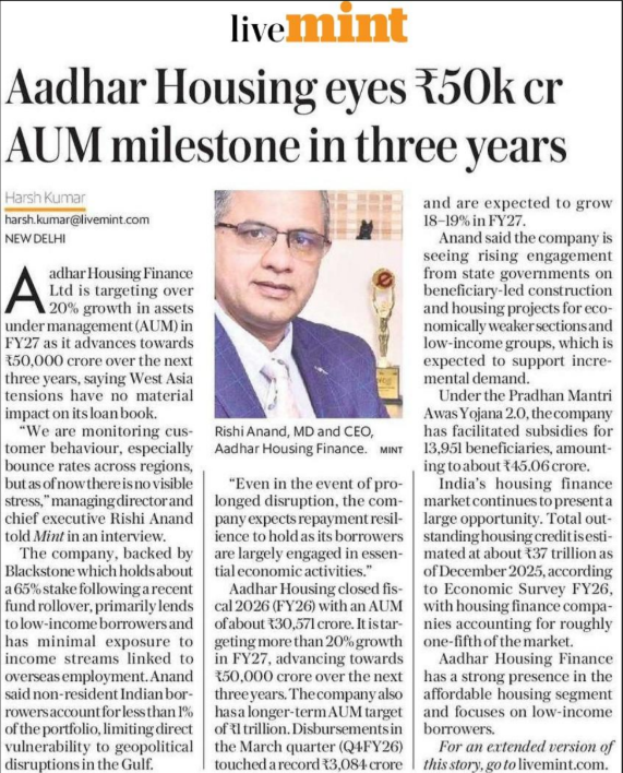 आधार हाउसिंग का लक्ष्य वित्तीय वर्ष 27 में 20% वृद्धि, तीन वर्षों में 50,000 करोड़ रुपये एयूएम (AUM) पर नजर